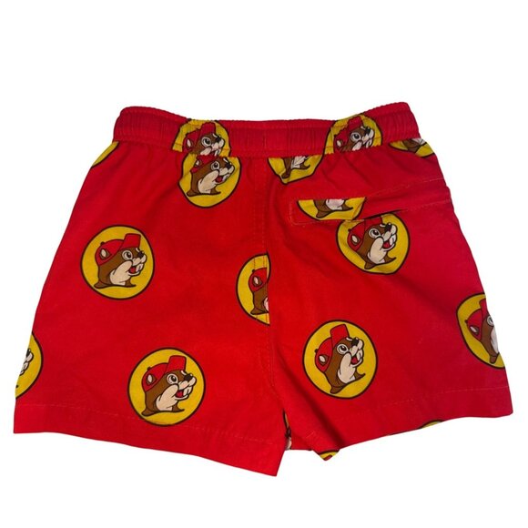 Buc-Ees Boys Swim Trunks Sz 2T Red Beaver Graphic Print Logo Novelty Texas Gas - Picture 2 of 7